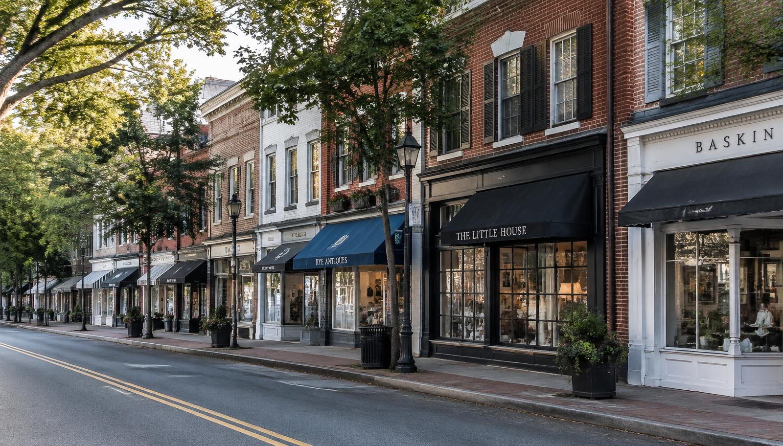 Storefronts along Purchase Street in downtown Rye